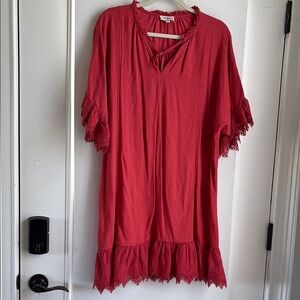 Umgee Red Flutter Sleeve dress with Ruffled Details